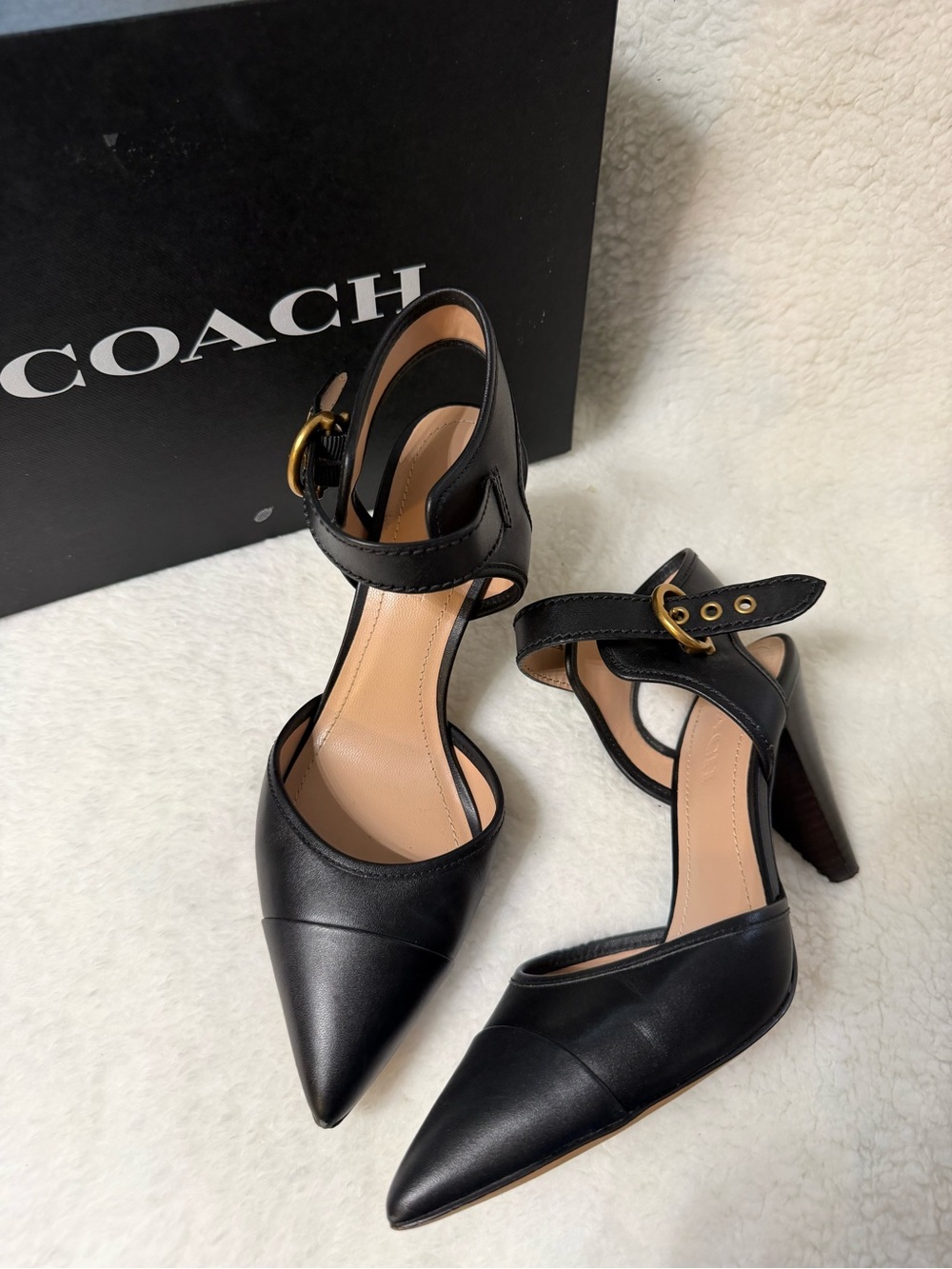 Coach Black Leather Pointed-Toe Ankle-Strap Heels with Gold Buckle